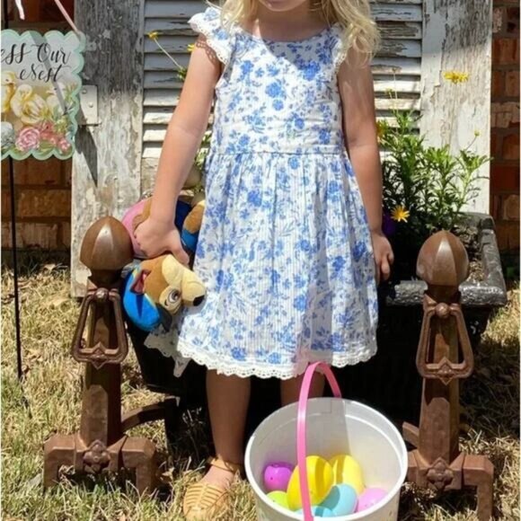 Pippa & Julie Floral Spring Easter Dress Blue White 4T - Picture 1 of 4